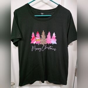 Black Holiday Christmas Graphic T-Shirt With Pink Trees And Cheetah Tree